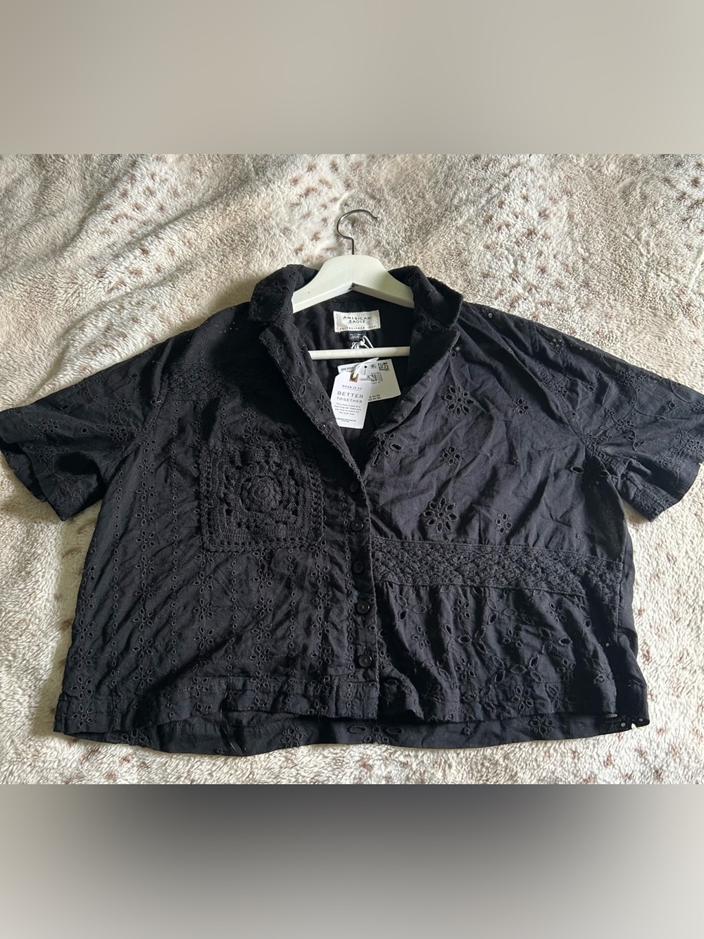American Eagle Black Eyelet Cropped Button-Up
